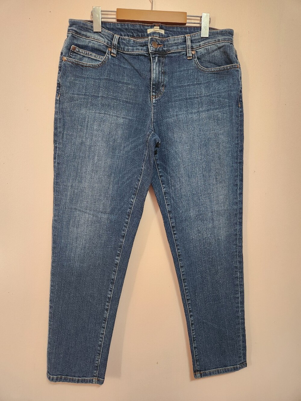 Eileen Fisher Organic Cotton Stretch Denim Mid Rise Slim Straight Jeans Size 10